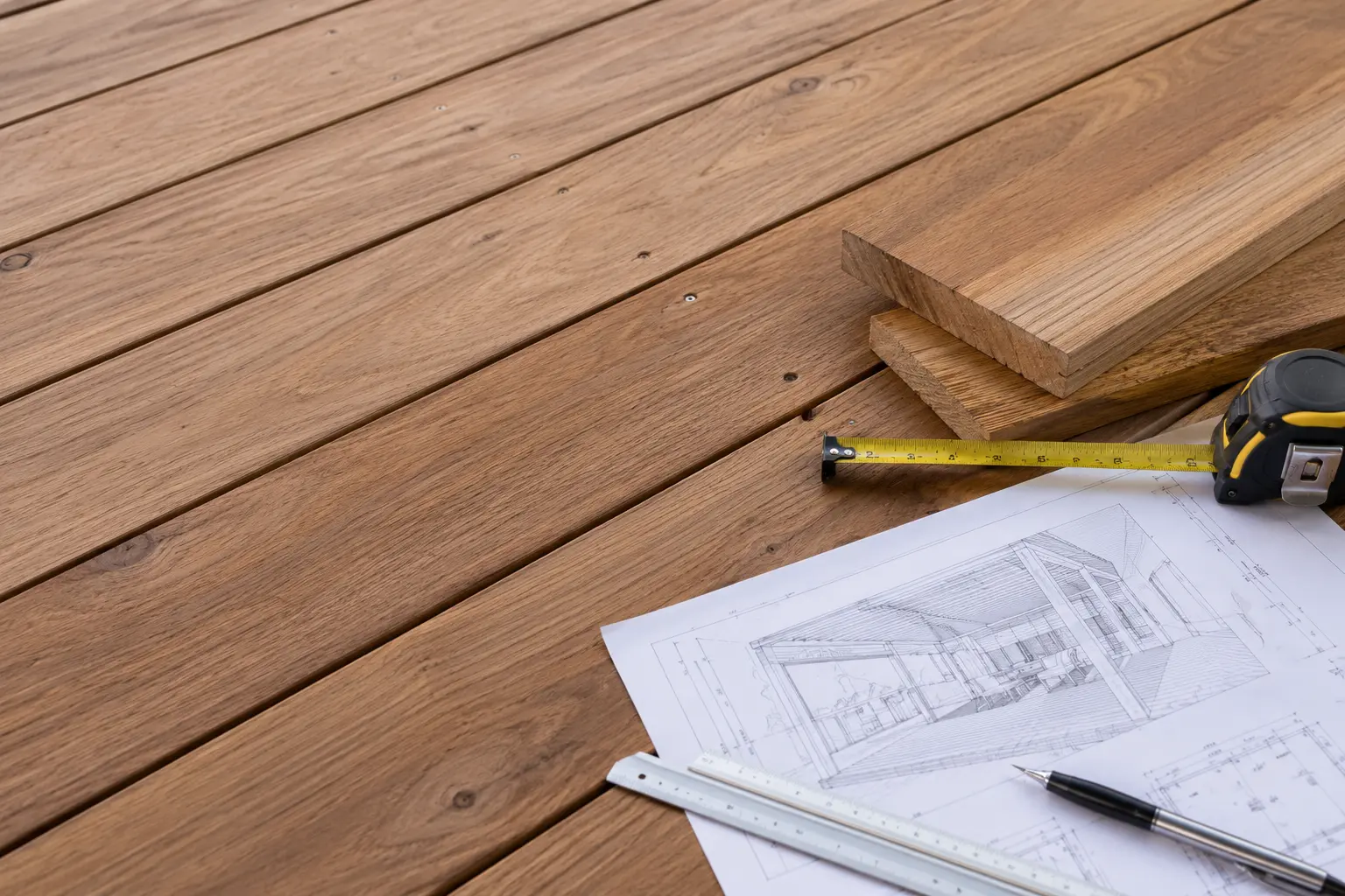 Timber, building plans and measuring tools
